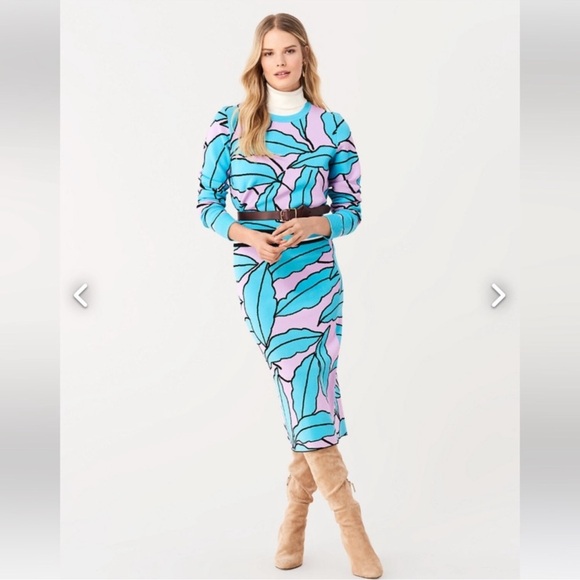 Diane Von Furstenberg Paskavan Leaf Print Cropped Sweater In Lilac Blue Size M - Picture 1 of 11